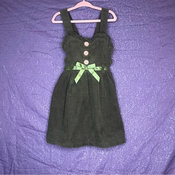 Blueberi Boulevard Green Corduroy Kids Dress with Bow - Picture 1 of 4